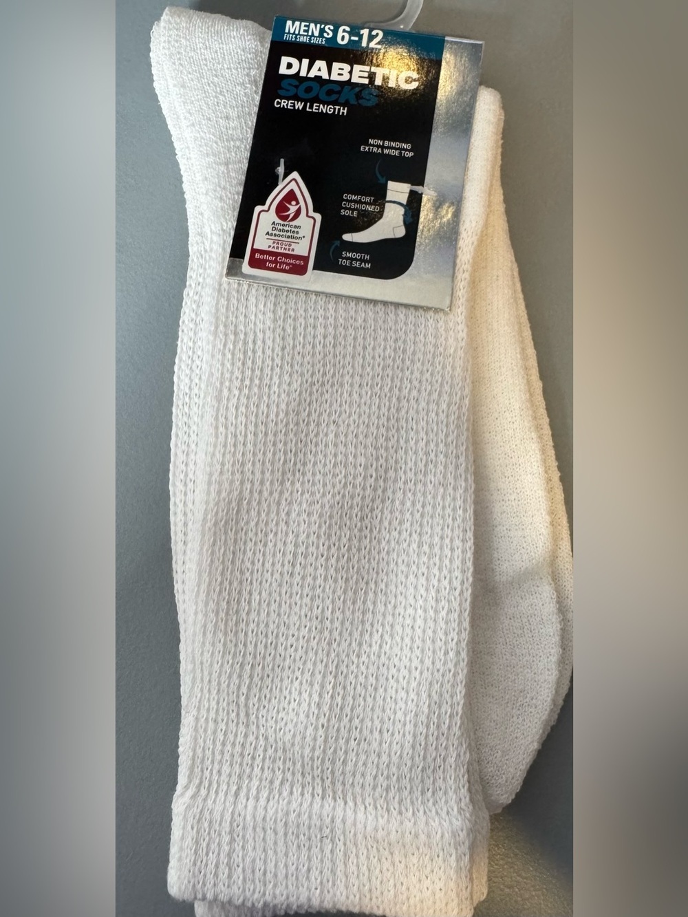 Diabetic Crew length Socks for Men - White (Size 6-12) cushioned sole extra wide